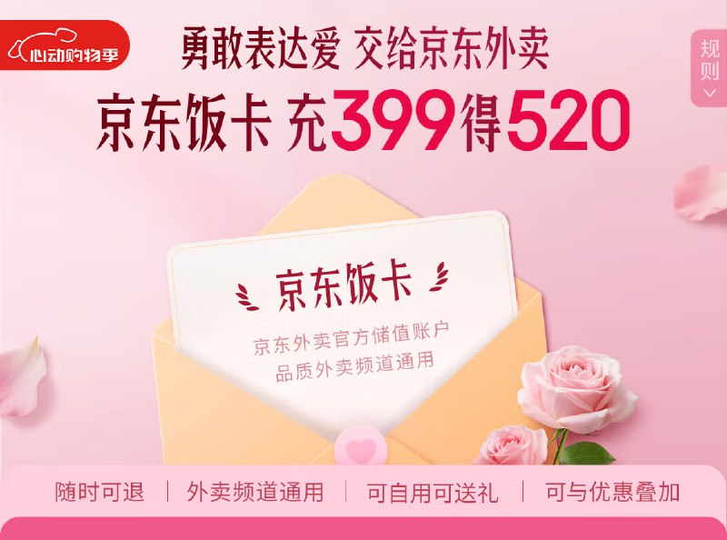 京东饭卡充399得520元，充999得1314元活动地址：